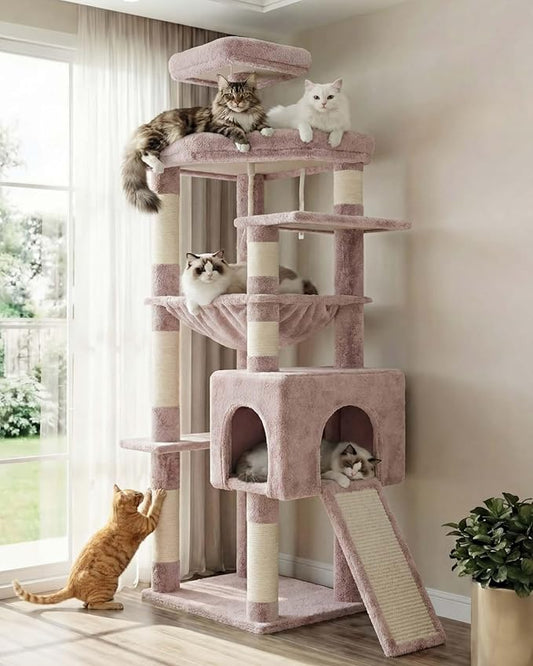 Heybly Heavy Duty Cat Tree, 64.2-Inch Tall Tower for Large Indoor Cats with Widened Structure, Cat Furniture with Big Platforms, Extra-Large Hammock, Sisal Scratching Posts & Board, Muchroom HCT027MU