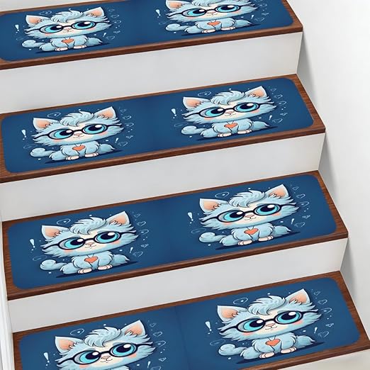 Animal Cartoon Cute Cat Stair Treads for Wooden Steps Indoor Washable Staircase Carpet 10PCS 30"x7.8" Stair Step Treads Non-Slip Staircase Covers Peel and Stick Safety Mat for Kids Elders Pets