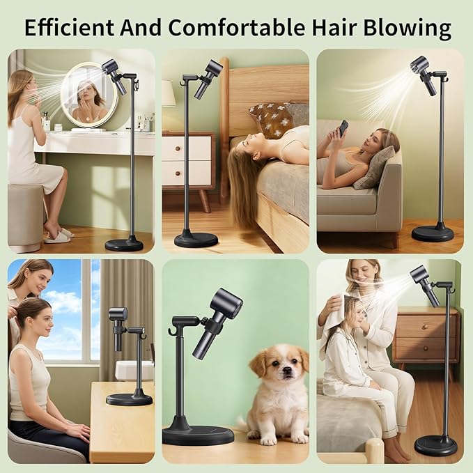 Hair Dryer Stand Hands Free With Anti-Slip Stable Base, Aluminum Alloy ,Adjustable Height 17 - 51 Inch,Blow Dryers Hairdryer Holder for Families & Pet Grooming & Salon Use Hair Dryer Holder（Black）