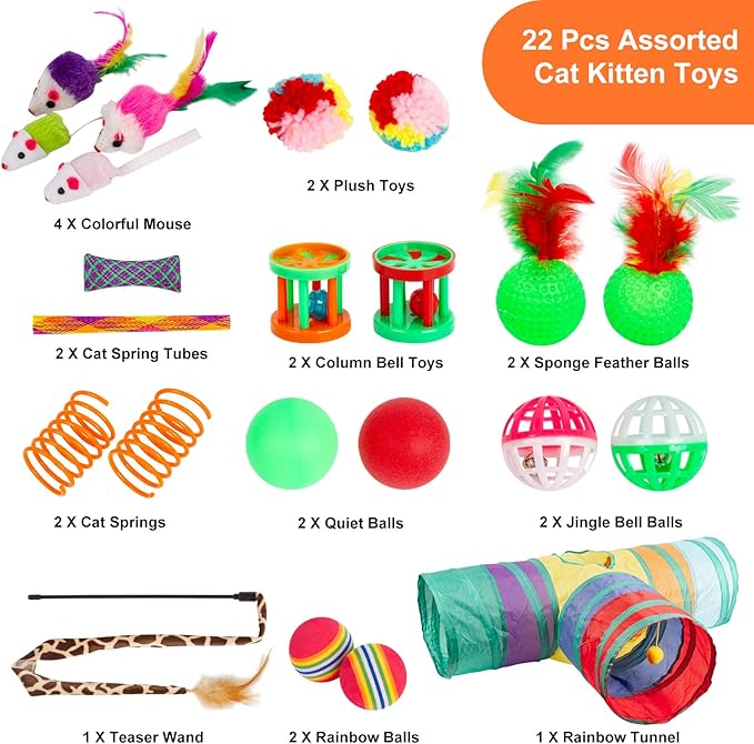 22 Pcs Cat Toys for Indoor Cats Collapsible 3 Way Cat Tunnel Interactive Feather Teaser Wand Ball Toy for Kitten Cats (22pcs-3 Way)
