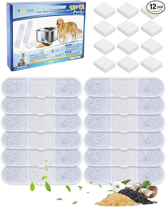 12+12 Pack Dog Fountain Water Bowl Filters Compatible with MAILOFY Pet Water Fountains WF530 9L/2.4GaL, Large Dog Dispenser Replacement Filter for Cat Automatic Waterer Fountain