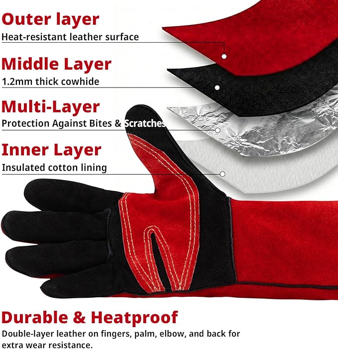 vclpower Animal Handling Gloves Size M Fit for Women & Small Hands Bite Proof Double Leather Reinforced Padding Dog,Cat Scratch,Bird Handling Falconry Gloves Grabbing Reptile Squirrel Snake Bite 16in