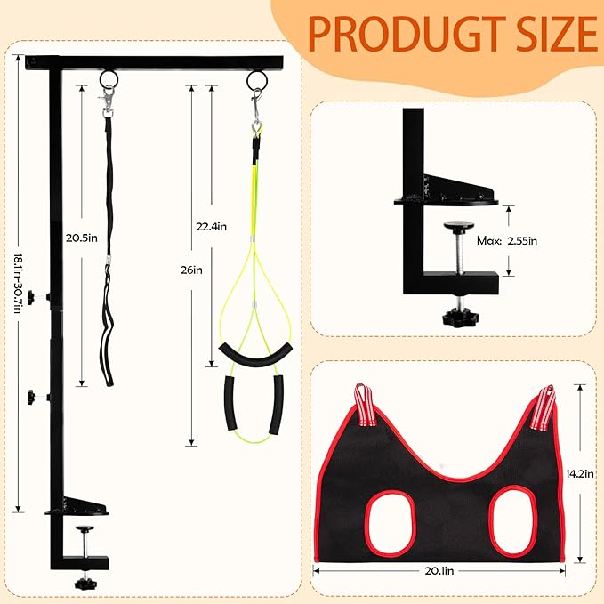 Foldable Dog Grooming Arm with Clamp - Adjustable Height 18"-35", Dog Grooming Table Arm with Hammock and No-Sit Holder, Grooming Restraint for Small Medium Dogs at Home or Salon