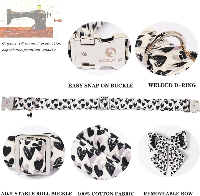 DOGWONG Valentine Dog Collar with Bow, Metal Buckle Adjustable Heart Bowtie Pet Valentine Collars for Small Dogs,M