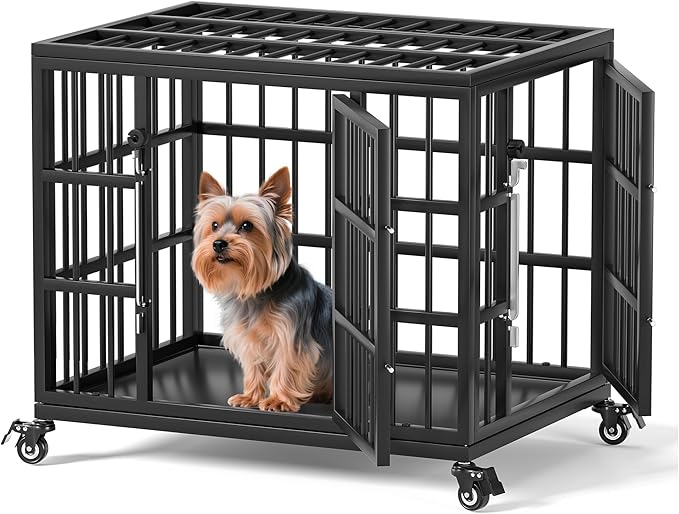 VERIFURTY 24 Inch Heavy Duty Dog Crate for Small Dogs with Self-Locking Latch, Escape-Proof Steel Kennel Indoor, Double Door Metal Pet Cage with Wheels and Removable Floor