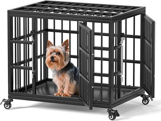 VERIFURTY 24 Inch Heavy Duty Dog Crate for Small Dogs with Self-Locking Latch, Escape-Proof Steel Kennel Indoor, Double Door Metal Pet Cage with Wheels and Removable Floor