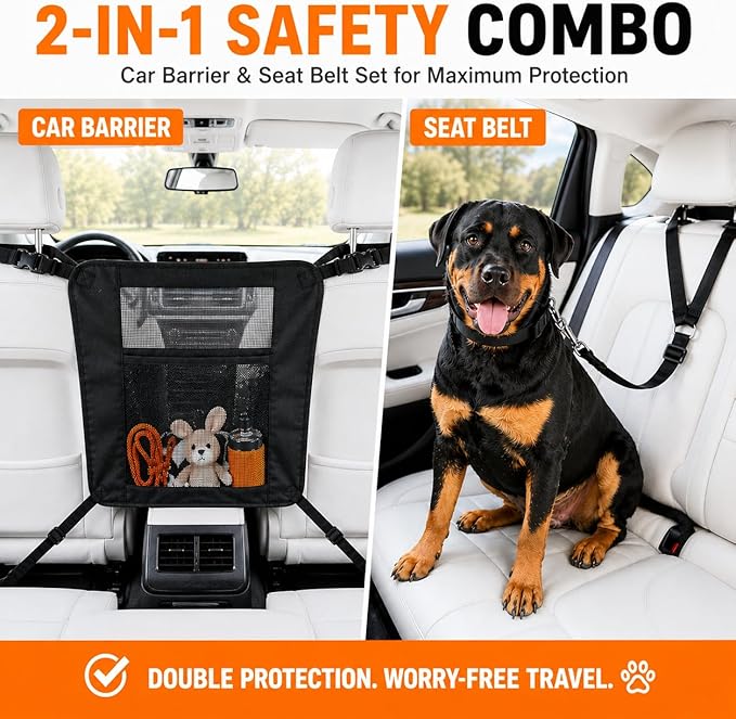 Dog Car Barrier, Dog Car Net Barrier, Heavy Duty Canvas Seat Divider with Belt Set, Double-Sided Organizer, Adjustable Pet Safety Kit, Precision Fit for SUV & Cars