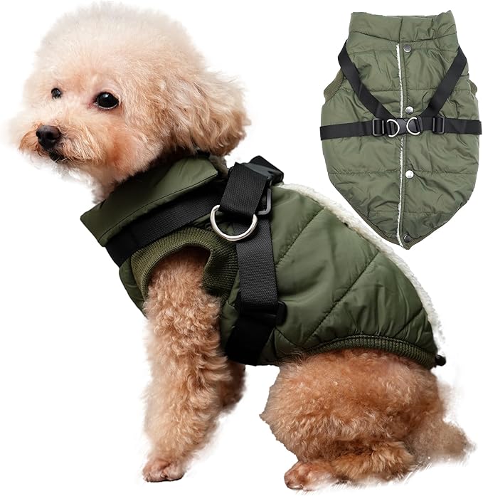 JoyDaog Dog Jacket with Harness,Fleece Lined Warm Puppy Coat for Winter,Soft Windproof Small Dog Vest,Green XS