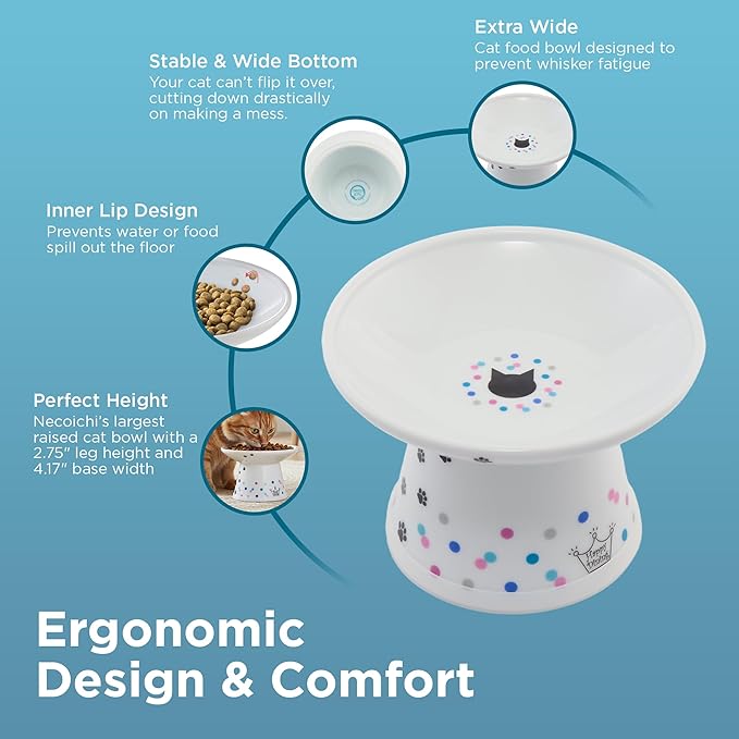 Necoichi Elevated Cat Food Bowl, Ceramic (Porcelain), Whisker-Friendly, Dishwasher & Microwave Safe, Non-Slip Silicone Base, Anti-Vomiting & Neck Fatigue (Colorful Dots, Extra Wide, 2-Cups Capacity)