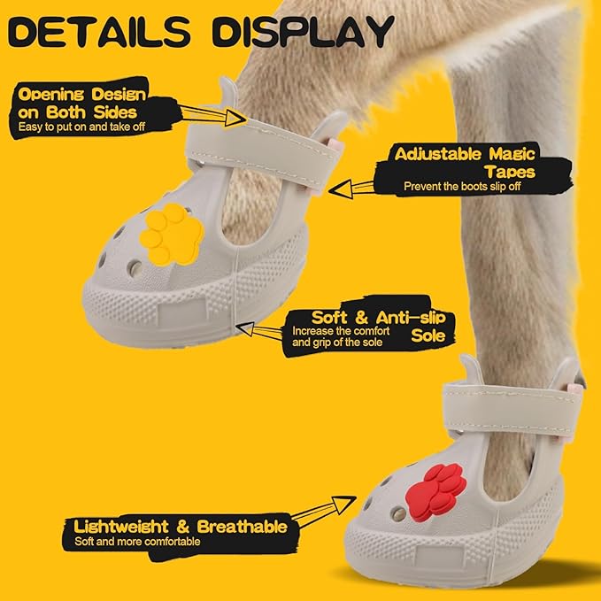 EVA Dog Shoes- Non-Slip Waterproof Dog Booties for Hot Pavement, Easy ON & Off, Reflective Adjustable Pet Boots & Paw Protectors, Rugged Sole for Small Medium Large Dog Outdoor Walking (Beige,S)