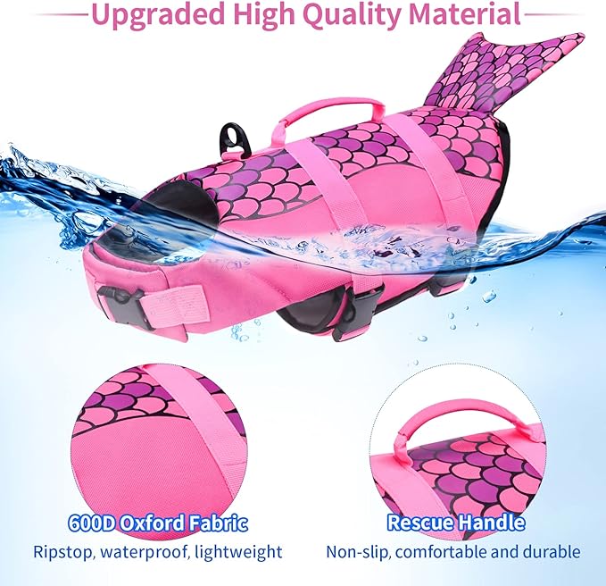 Malier Dog Life Jacket, Ripstop Dog Life Vest with High Buoyancy for Swimming Boating, High Visibility Shark Puupy Lifesaver for Small Medium Large Dogs (Pink #1, Medium)