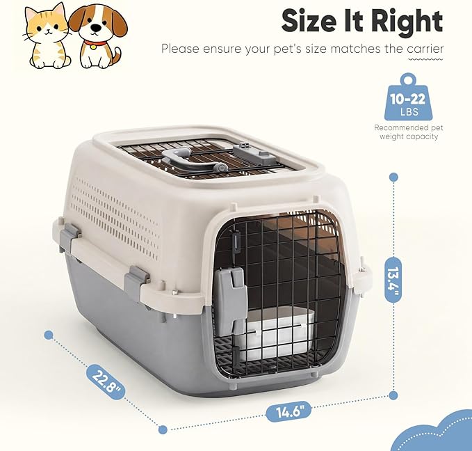 DUMOS 23" Hard-Sided Pet Carrier for Small Dogs & Cats, Airline Approved Travel Crate with Enhanced Security Latches, Front & Top Load Wire Door, Food Bowl for Traveling, Hiking, Camping - Beige&Grey