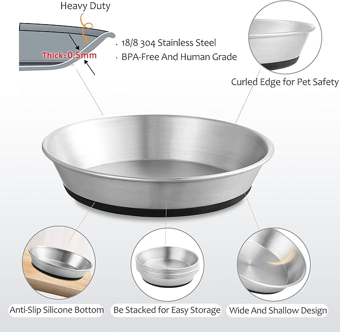 WROSWT Stainless Steel Cat Bowls,Whisker Friendly Shallow Cat Dishes for Food and Water,Non-Slip Silicone Bottom,Heavy Duty,Replacement Kitten Metal Plate for Elevated Stands,2 Pack
