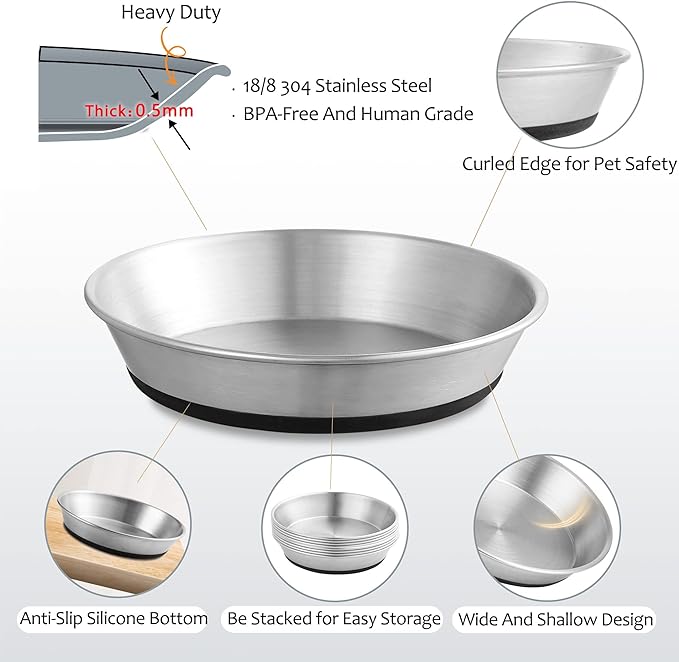 WROSWT Stainless Steel Cat Bowls,Whisker Friendly Shallow Cat Dishes for Food and Water,Non-Slip Silicone Bottom,Heavy Duty,Replacement Kitten Metal Plate for Elevated Stands,3 Pack