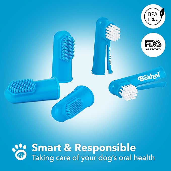 Boshel Dog Finger Toothbrush, Deep Teeth Cleaning Tooth Brushing Kit, Blue for Small and Large Breeds, Silicone & Nylon Soft Bristles, 8 Pack