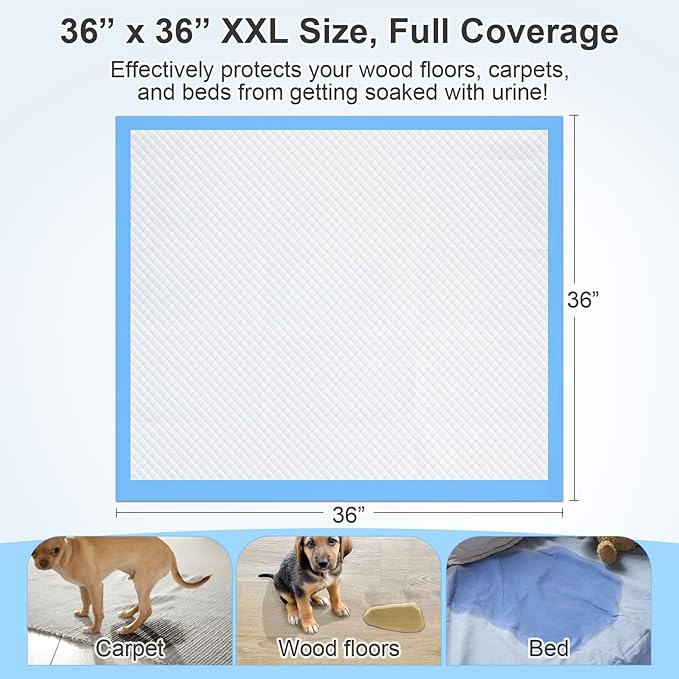 Upgraded 4XL 36"x36" 6 Layers Dog Pee Pads, 100 CountsUltra Absorbent Pee Pads, Absorb up to 12 Cups, Leak-Proof & Quick Dry Puppy Pads for Puppy,Surgery, Older,Cats, Rabbits,100pcs
