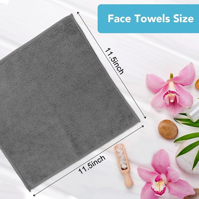 Orighty Microfiber Washcloths 20 Pack – Soft, Quick-Dry Face & Hand Towels for Travel, Gym, Spa, Hotel, 11.5"x11.5", Grey