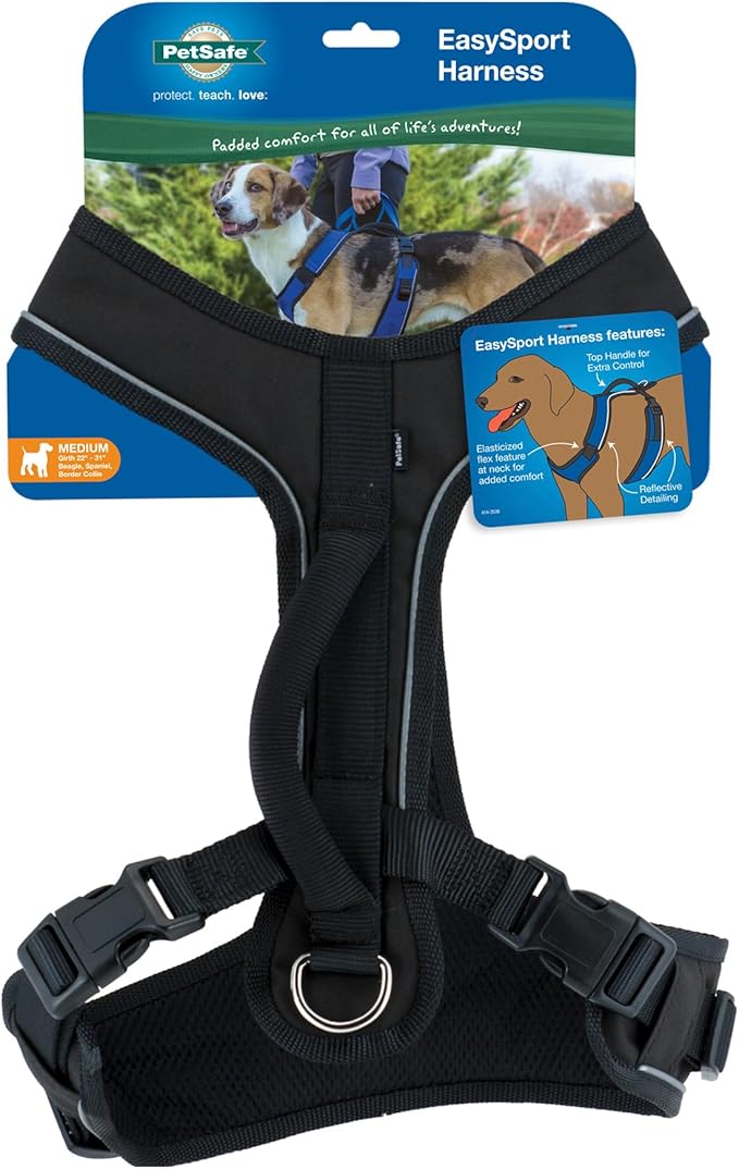 PetSafe EasySport Dog Harness Adjustable, Padded Dog Harness with Control Handle and Reflective Piping Medium, Black