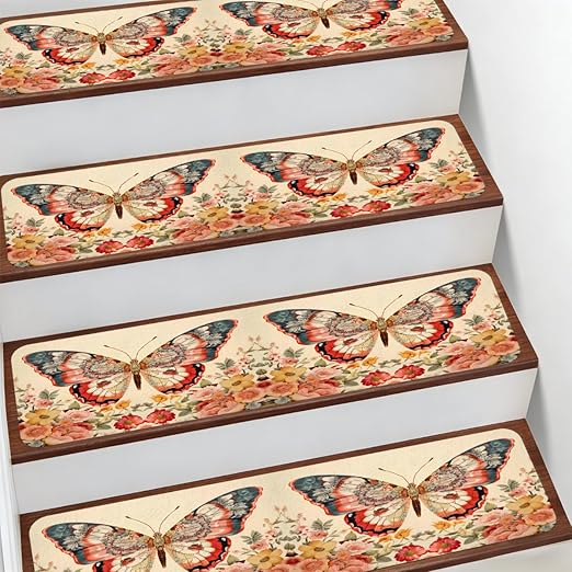 Animal Butterfly Flower Colorful Stair Treads for Wooden Steps Indoor Washable Staircase Carpet 1PCS 30"x7.8" Stair Step Treads Non-Slip Staircase Covers Peel Stick Safety Mat for Kids Elders Pets