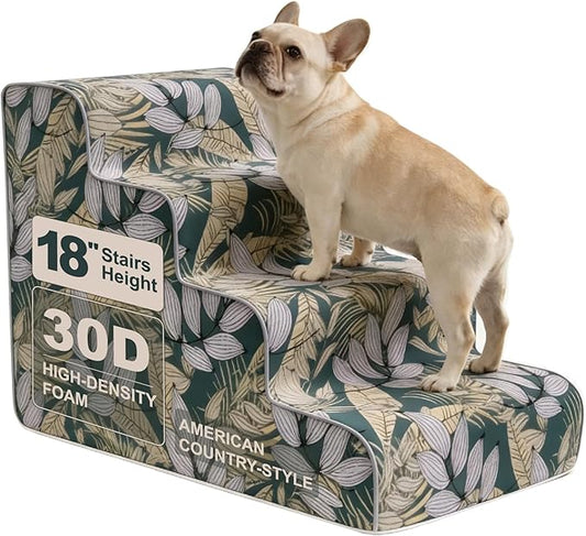 4-Step Dog Stairs for Bed & Couch 18" H, Extra Long Dog Steps for Bed with 30D Foam, Country Style Pet Stairs for Small Dogs and Older Cats, Blue Yellow