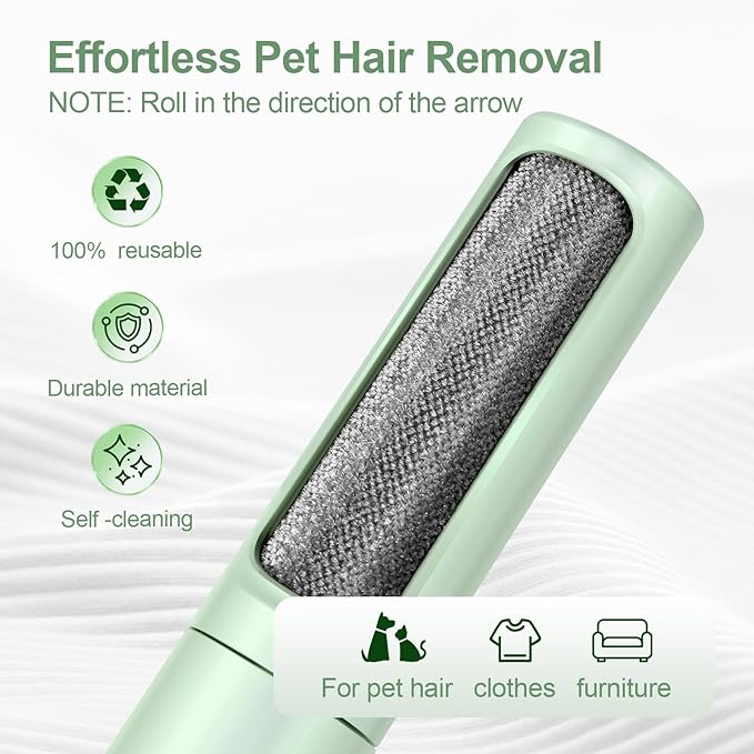 Pet Hair Remover Tool - Reusable Lint Roller Lint Brush for Cat & Dog Hair on Furniture, Clothes, Couches, Car Seats, and Fabric - No Refills, Eco-Friendly and Portable (Green)