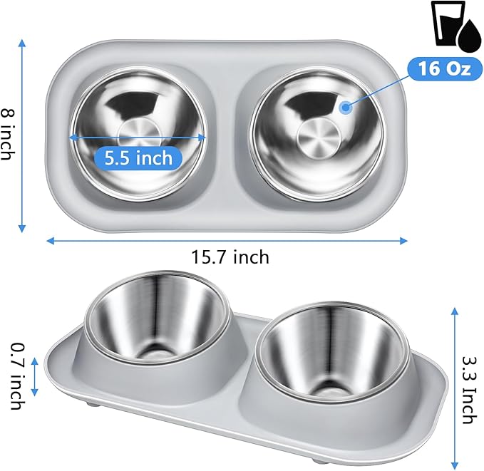Ant Away Stainless Steel Elevated Cat Bowls with Stand - Tilted Anti Vomiting, Double Food and Water Bowl Set (Grey, 16 Oz)