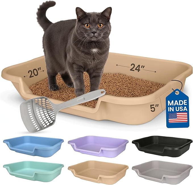 KittyGoHere Senior Cat Litter Box, Large Litter pan with Long-Handle Jumbo Scoop, Open Top Low Entrance Kitty Litter Box, Lightweight Low Entry Litters Box, Durable, Made in USA (Beach Sand)