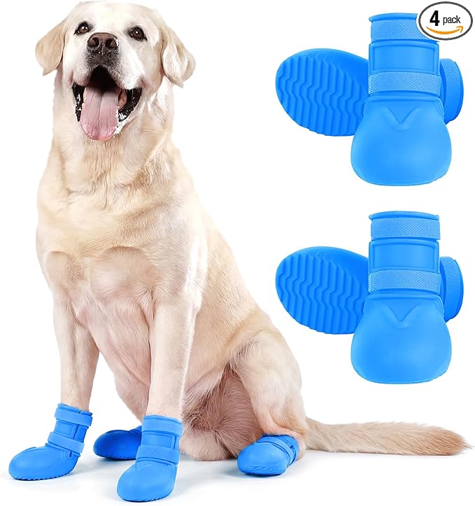 Dog Rain Boots Waterproof, 4PCS Dogs Shoes Non Slip Dog Boots & Paw Protectors, Easy On Rubber Doggie Booties Pet Shoes for Hot Pavement Snow Rain, Dog Rainboots for Small Medium Large Dogs, Blue 2XL