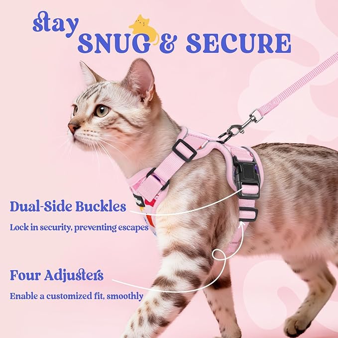 rabbitgoo Cat Harness and Leash Set, Escape Proof Kitten Harness for Safe Outdoor Walks, Soft Breathable Adjustable Vest with Reflective Strips for Kittens and Small Cats, Purrty Pink, XS