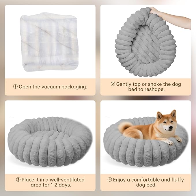 Donut Dog and Cat Bed, Luxurious Comfortable Faux Rabbit Fur Pet Beds, Round Anti-Anxiety Calming Puppy Kitten Bed with Anti-Slip Bottom for Small Medium Dogs & Cats(23", Grey)