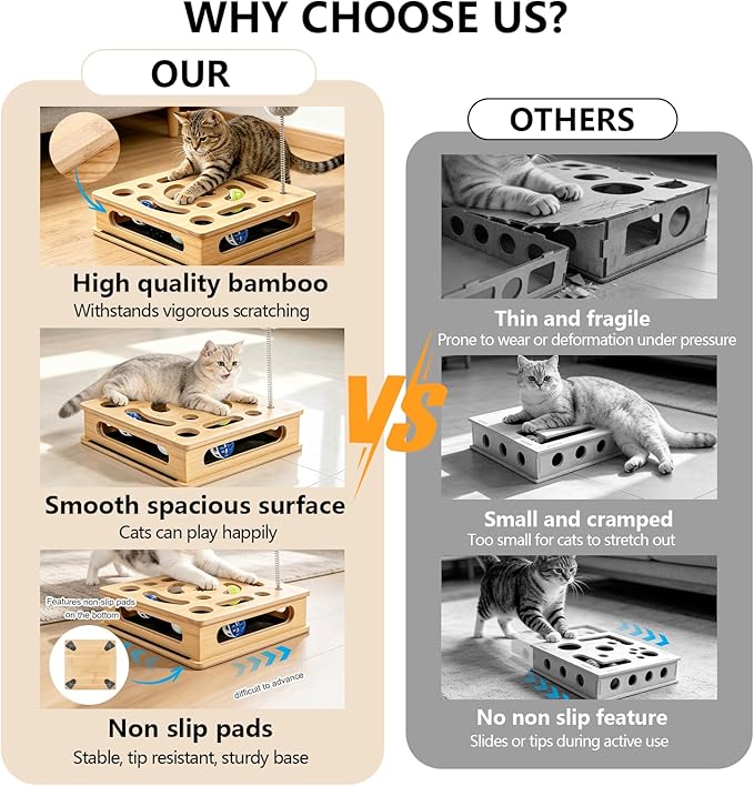 Cat Nail File Enrichment Box, Bamboo Wooden Cat Scratch Puzzle Box, Nail File Scratcher for Indoor Cats