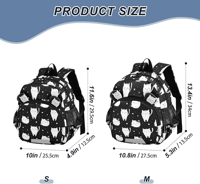 Cats Black and White Toddler Backpack with Leash, Cute Preschool Backpack Baby Harness Bookbag, 10L