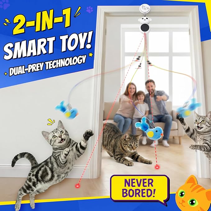 Interactive Cat Toys for Indoor Cats - 2 in 1 Automatic Cat Toy with Feather Flying Bird, Smart Moving Mouse Wand Toy, Auto On/Off Hanging Toys for Bored Kitten & Adult Cats(Grey)