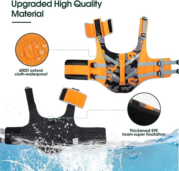 Kuoser Dog Life Jacket with Reflective Stripes, Dog Life Vest for Swimming Boating, Adjustable Pet Lifejackets with High Flotation, Doggie Swimsuit for Small Medium Large Dogs