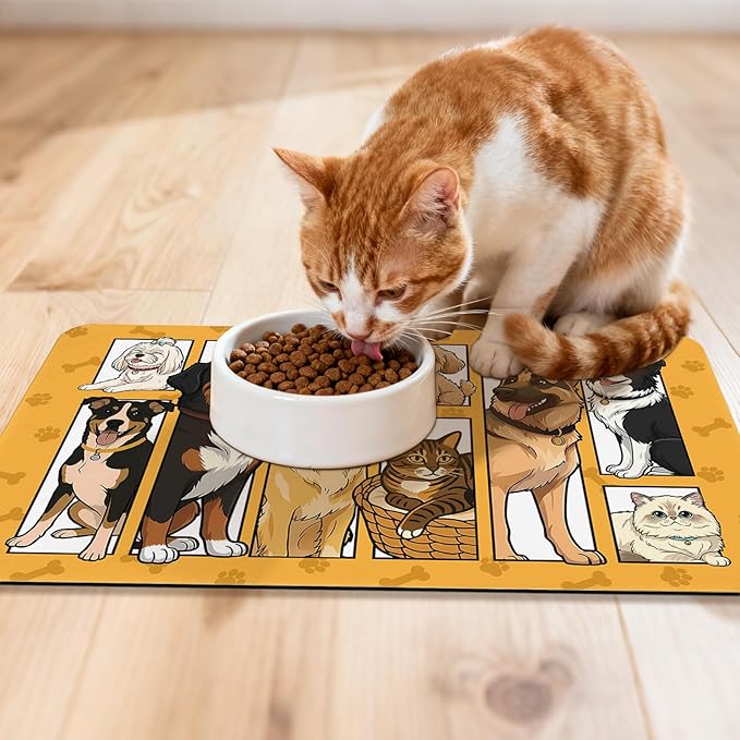 Dog Food Mat for Pet Cat Food Mat, Cute Absorbent Quick Dry Dog Bowl Mats for Food and Water, Non-Slip Cat Pet Feeding Mats for Floor Placemats 12"x20"
