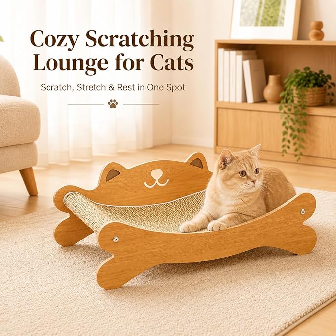 Cat Scratcher Bed for Indoor Cats - Summer Cool Hammock, 23.2″ Large Scratching Lounge with 40 lbs Weight Capacity, Wooden Modern Cat Scratching Post & Pad Furniture