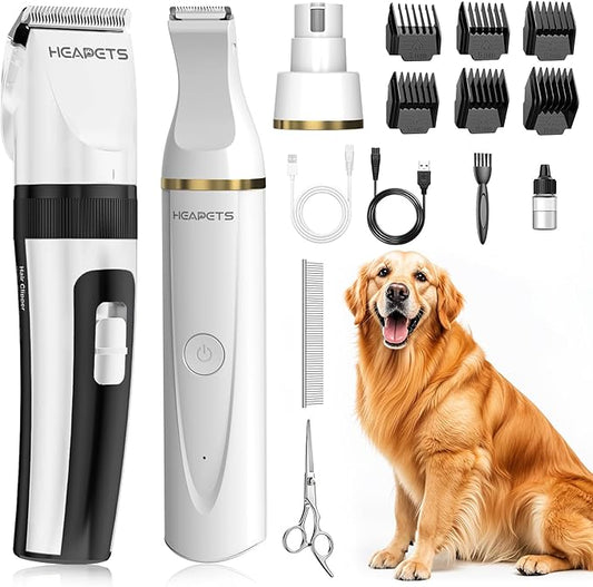 HEAPETS Dog Hair Clippers for Grooming Kit and Dog Paw Trimmer Nail Grinder for Grooming, Low Noise Rechargeable Cordless, Shaver Grooming Supplies for Pet Cats Dogs (White, White)