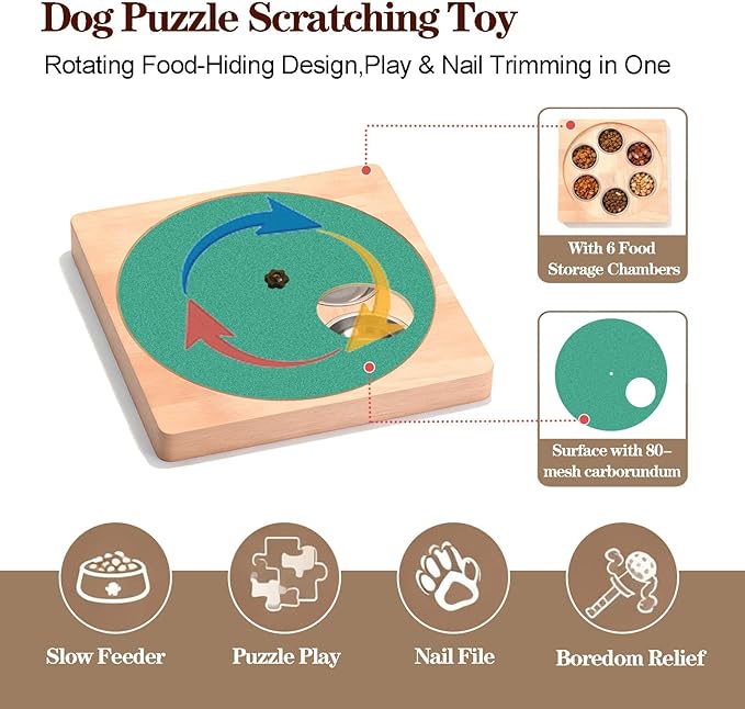 Wooden Interactive Dog Nail Scratch Board - Adjustable Resistance Rotating Style with Stainless Steel Treat Bowls for Stress-Free Paw Care