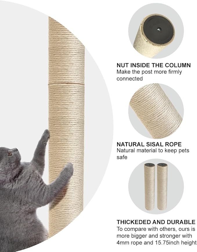 TIMHAKA Cat Scratching Post Replacement, 4 PCS 15.7 inch Sisal Pole Cat Tree Replacement Posts, Refill Sisal Rope Scratcher Posts for Indoor Tree Tower, Scratch Post Replacement for Refurbishment