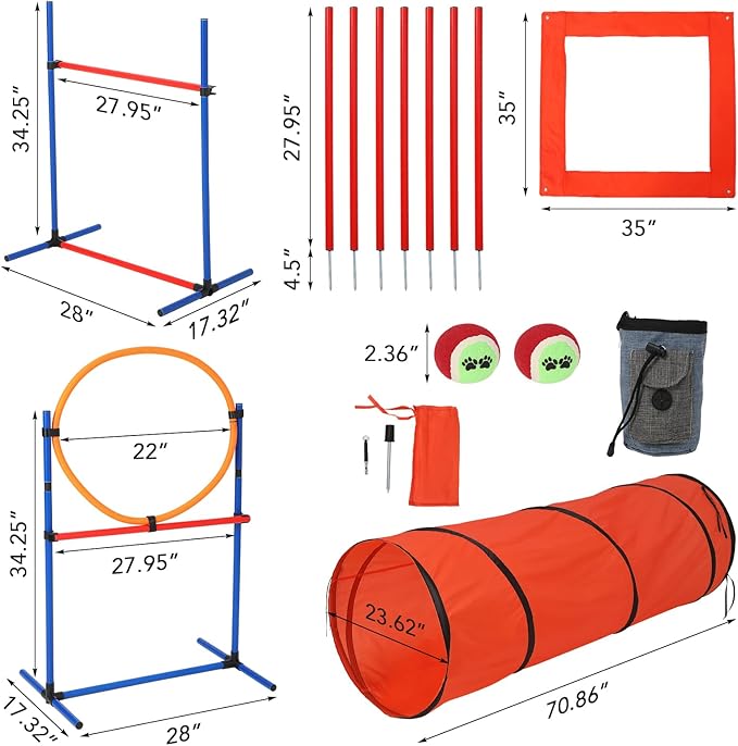 Hipicute Dog Agile Training Equipment Set Outdoor Indoor,70" Tunnel + Tire Jump + Hurdle Jump, Weave Poles, Pause Box, 2 Toy Balls, 1 Whistle, Carry Bag, Premium Dog Obstacle Course Kit