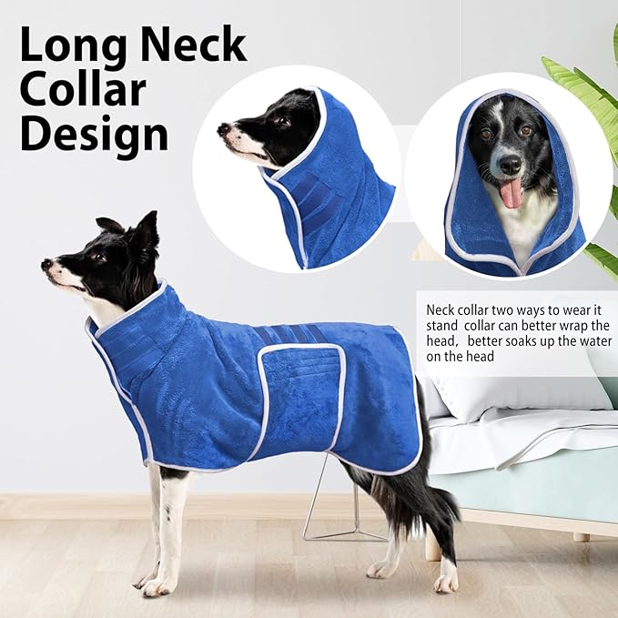 Dog Bathrobe Towel Dog Drying Coat - Super Absorbent Towels Bath Robe for Dogs Large, Soft Adjustable Collar & Belly Strap Fast Drying Coat Pet Cat Bath Robe (Medium Blue‌, Medium)