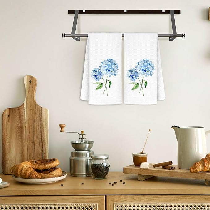 Light Blue Hydrangea Flowers Floral Kitchen Towels Set of 2 - Flowers Decorative Hand Towels for Bathroom, Light Blue Hydrangea Decor Dish Towels for Kitchen, Floral Hand Towels, 16x24 in