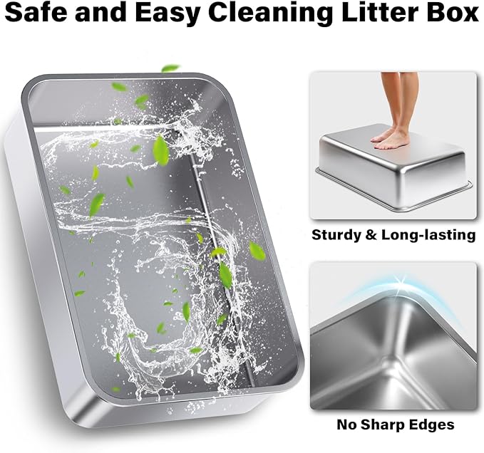 XL Stainless Steel Litter Box with Lid, Extra Large High Sided Metal Cat Litter Box with Mat and Scooper, Easy Clean, Non Stick & No Smell,2pack