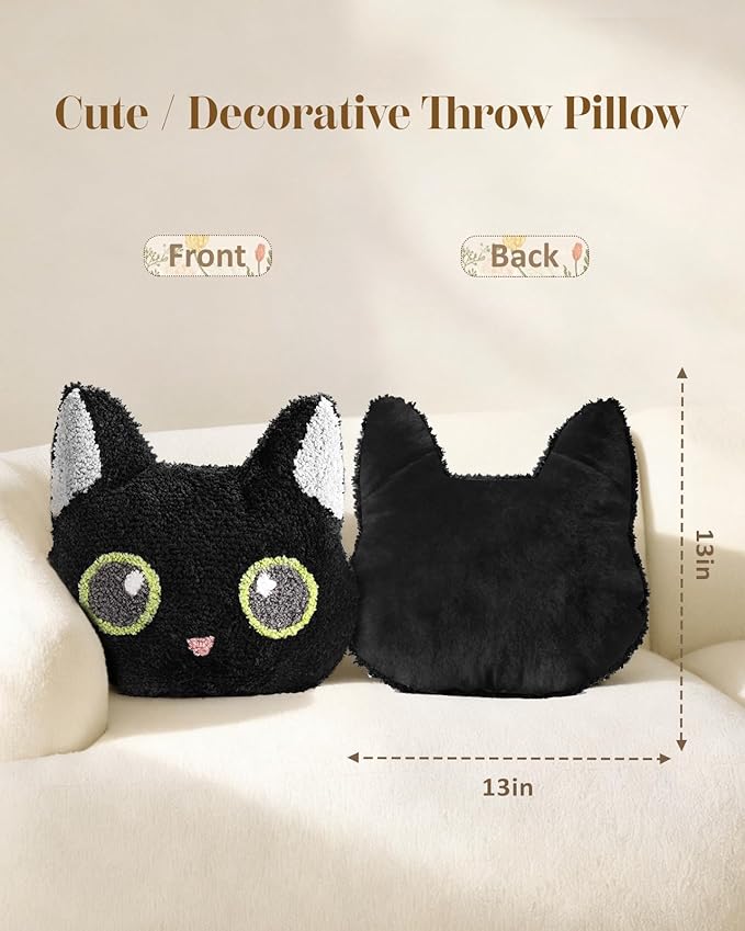 Black Cat Shaped Throw Pillow - Cute Decorative Plush Throw Pillow for Couch, Sofa, or Living Room, 13" x 13" Soft Stuffed Cushion for Home Decor
