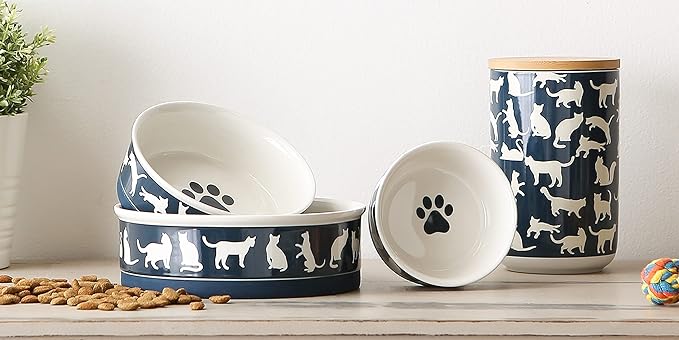 Bone Dry Ceramic Cat Bowls, Microwave & Dishwasher Safe, Large Set, 7.5x2.4, Navy, 2 Count