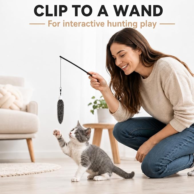 Natural Rabbit Fur Cat Toys Refills, 2 Pcs Silent Interactive Cat Wand Attachments for Indoor Cats, Handmade Fluffy Kitten Teaser Replacement Accessories (Grey)