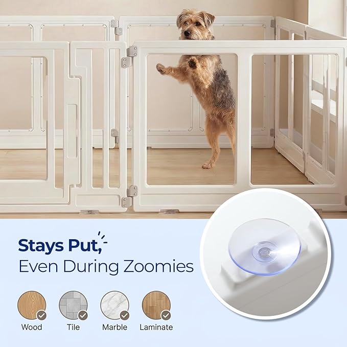 Clear Acrylic Dog Playpen with Door, Transparent Puppy Playpen for Small and Medium Puppies, Easy Assemble Pet Fence Indoor with Safety Lock (White, 69.3 x 69.3 x 22.4 Inch)