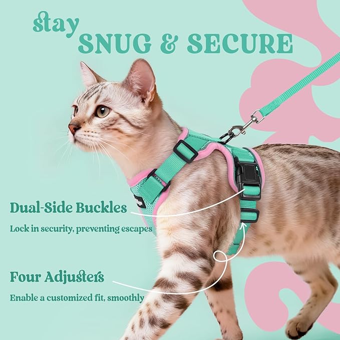 rabbitgoo Cat Harness and Leash Set, Escape Proof Vest Harness for Safe Outdoor Walks, Soft Breathable Adjustable Vest with Reflective Strips for Small and Average Cats, Green & Pink, S