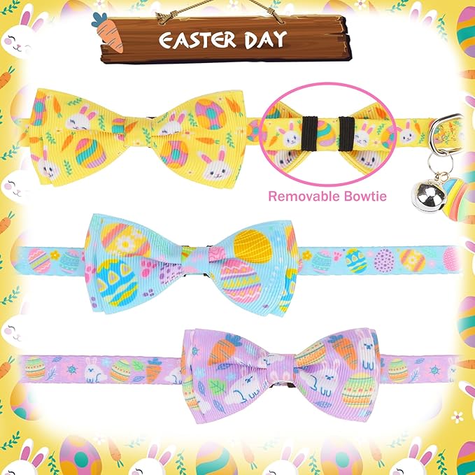 PUPTECK Cat Collar Breakaway with Bells, Kitten Collar Outfit Adjustable for Girl Boy Small Pet Puppy Bunny, Cute Costume Accessory with Safety Release Buckle (Bowtie-Easter)