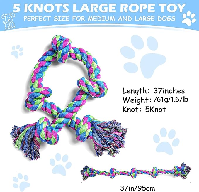 Aitmexcn Dog Rope Toys for Aggressive Chewers, 3 Feet 5 Knots Tough Cotton Rope Chew Toy for Large and Medium Dogs, Tug of War Toy for Boredom and Teeth Cleaning